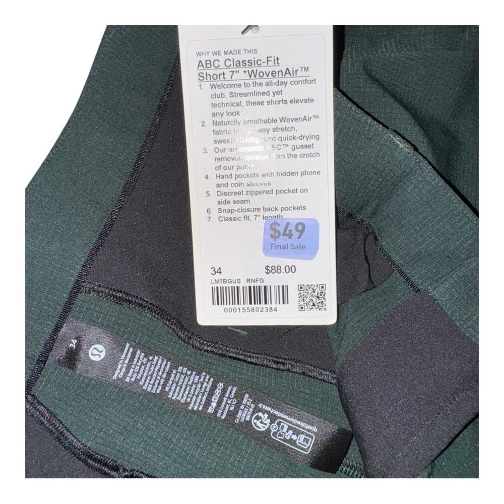 Lululemon ABC Classic-Fit Short 7” WovenAir Rainforest Green Size 34 NWT - Picture 3 of 3